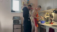 The stepfather found his stepson with a bare ass in the kitchen and fucked his tight ass right on th Thumb