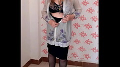 MariaOld milf with natural big tits teasing in black stockings and high heels shoes Thumb