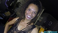 Gorgeous ebony MILF sucks cock in her debut bukkake Thumb