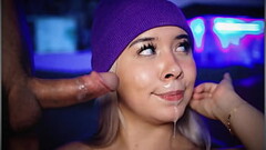 Blonde with a face full of hot cum keeps sucking her guy&#039_s cock so he fucks her again Thumb