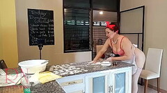 Nudist housekeeper Regina Noir cooking at the kitchen. Naked maid makes dumplings. Naked cooks. Spy  Thumb