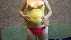 Pregnant milf in sexy outfit with two dildos fucks her hairy pussy through thong. Thumb
